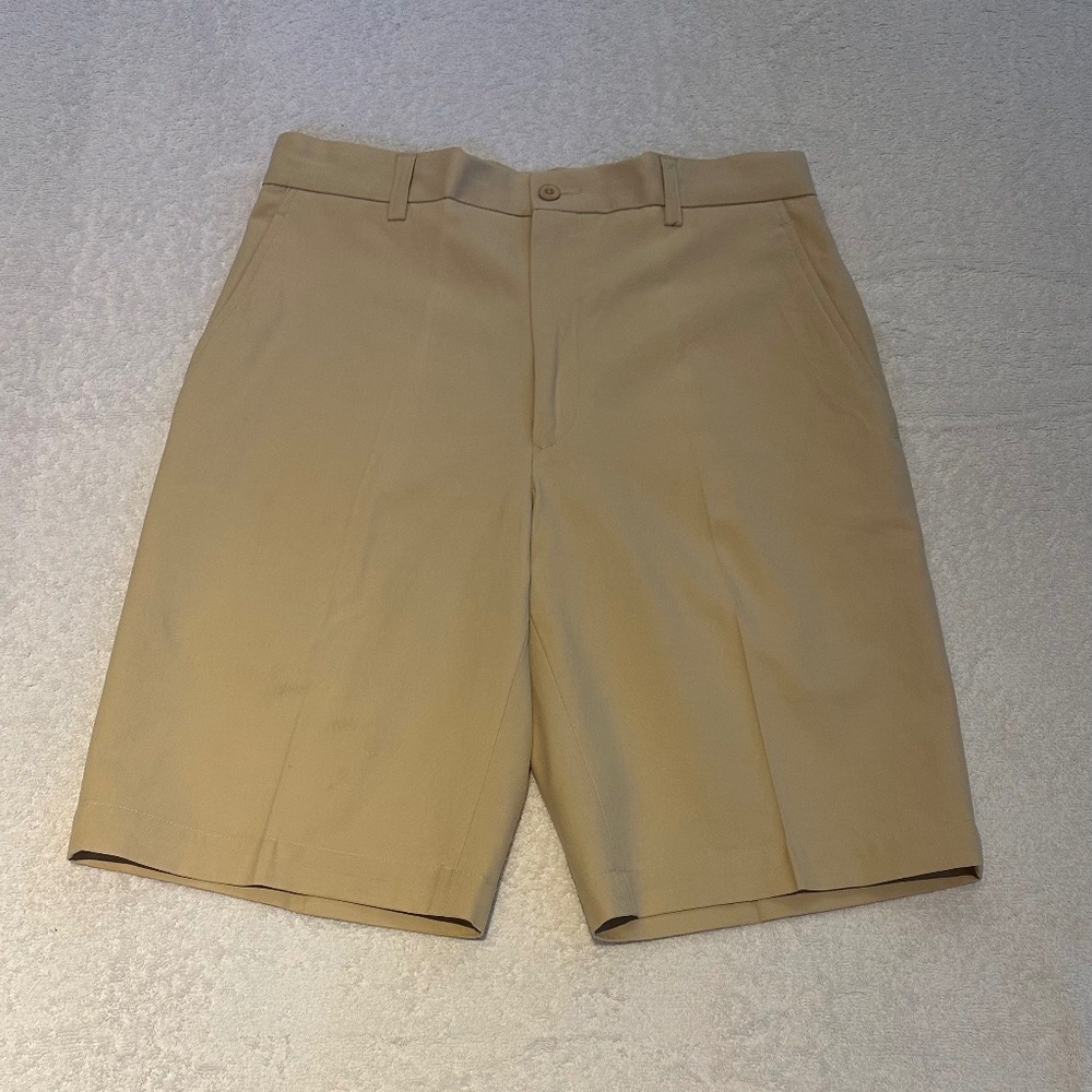 New Henry Jacobson sand silk/cotton flat front shorts, 30” waist